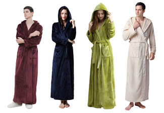 Flannel Adult Hooded Long Bathrobe - Four Colours Available
