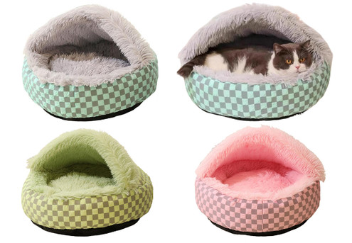 Plush Cushioned Hooded Pet Bed - Available in Three Colours & Two Sizes