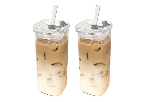 Heat Resistant Square Coffee Glass Cup with Lid & Straw - Option for Two-Pack