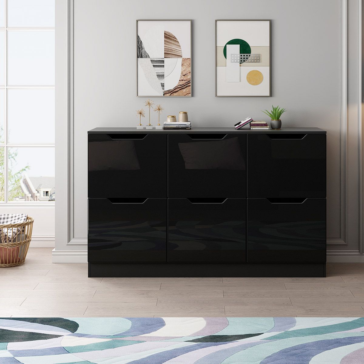 Six-Drawer Modern High-Gloss Wooden Chest Cabinet