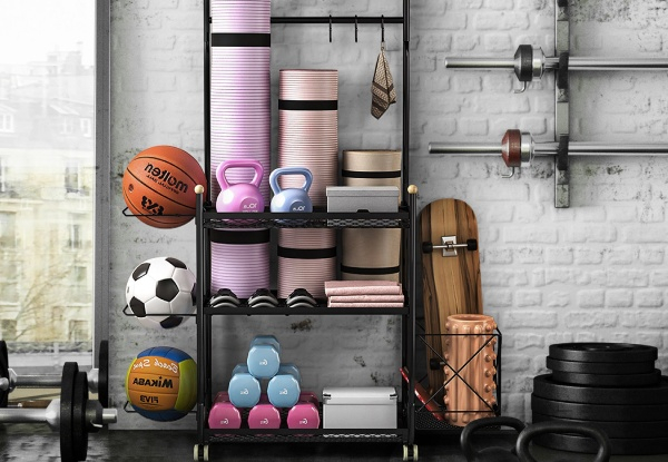Gym Equipment Storage Rack with Hooks & Wheels