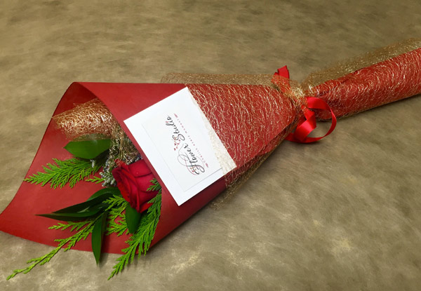 $25 for a Giftwrapped Deluxe Single Red Rose with Greenery – Options for Urban & Rural Taranaki Delivery