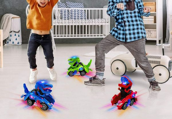 Two-in-One Automatic Transforming Dinosaur Toy Car with LED Light & Music - Three Colours Available