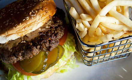 $18 for a Chicken, Brie & Cranberry Burger or a Classic American Style Burger with Shoestring Fries & a Beer or Wine, or $25 for the Empire State Burger Combo