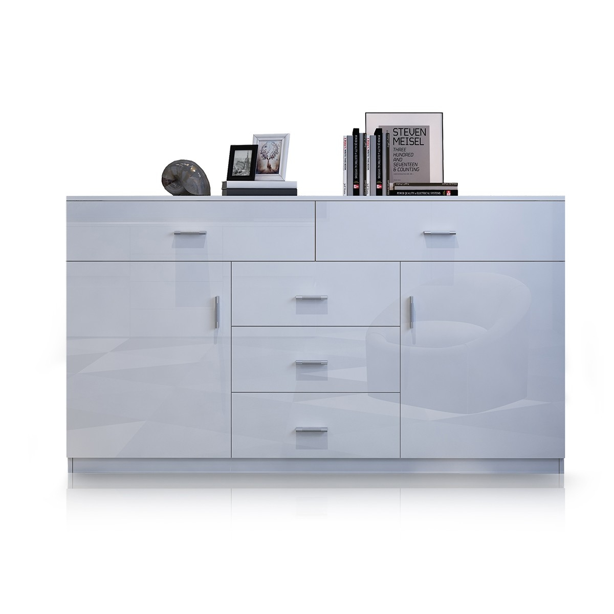 Buffet High Gloss Sideboard Cabinet with Two Doors & Five Drawers - Two Colours Available