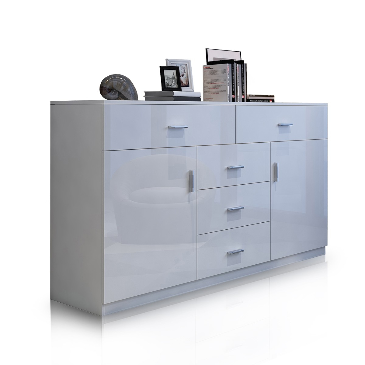 Buffet High Gloss Sideboard Cabinet with Two Doors & Five Drawers - Two Colours Available