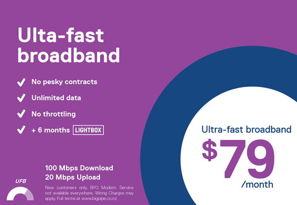 No Connection Fee, First Month Free & Six Months Access to Lightbox When You Sign Up to Bigpipe Broadband (value $195) – No Contracts, Unlimited Data