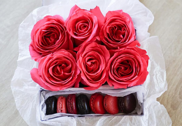 $59 for Six Hot Pink Roses & Eight Macaroons or $99 for 19 Hot Pink Roses - Auckland Delivery Only