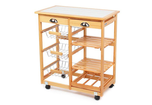 $99 for a Three-Tier Solid Wood Kitchen Cart with Ceramic Tile Top
