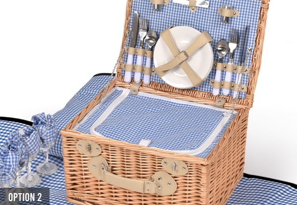 Four-Person Deluxe Willow Blanket Carry Trip Picnic Basket Set - Four Options Available
