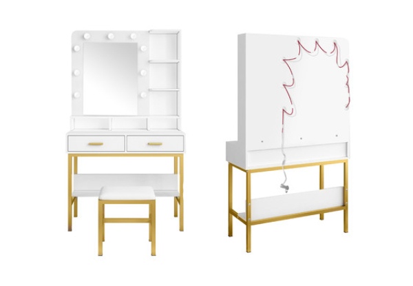 Maxkon Dressing Table Set incl. Nine-Bulb Vanity Mirror & Cushioned Stool