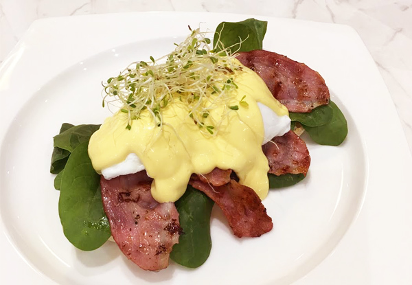 $12 for a Breakfast Main of Eggs Benedict with Bacon incl. Drink for One Person - Options for up to Six People