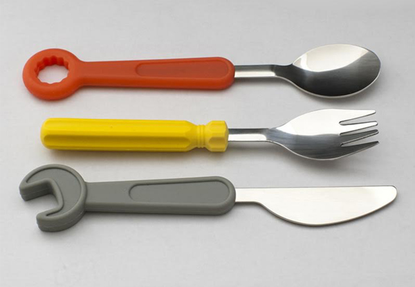 $15 for a Kids Tool Shaped Stainless Steel & Silicone Cutlery Set