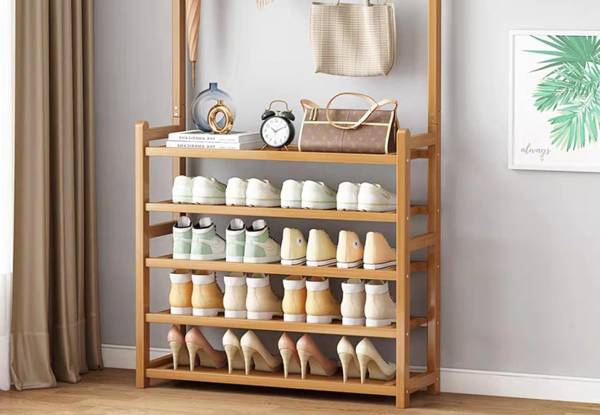 Bamboo Coat Rack with Five-Tier Shoe Storage
