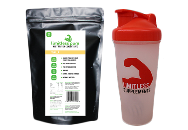 $34.99 for 1kg of Limitless Pure Whey Protein Concentrate & a 600ml Shaker, $67.99 for 2kg & a Shaker, or $129.99 for 4kg & a Shaker – Three Flavours Available