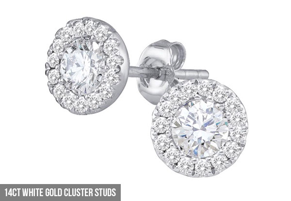 $550 for a Pair of Round Diamond Solitaire Stud Earrings Crafted in 14 Carat White Gold or $595 for a Pair of 14 Carat White Gold & Diamond Cluster Studs