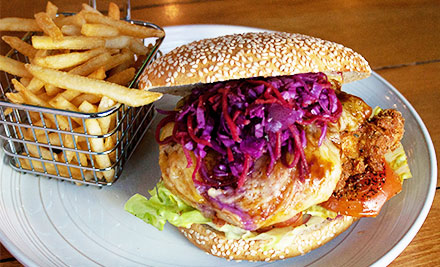 $18 for a Chicken, Brie & Cranberry Burger or a Classic American Style Burger with Shoestring Fries & a Beer or Wine, or $25 for the Empire State Burger Combo