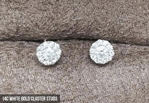 $550 for a Pair of Round Diamond Solitaire Stud Earrings Crafted in 14 Carat White Gold or $595 for a Pair of 14 Carat White Gold & Diamond Cluster Studs