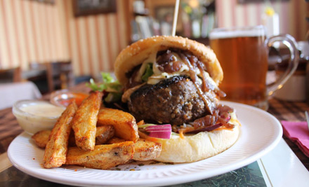$19 for Arthur's Famous Juicy Lucy Gourmet Beef Burger Served with Hand Cut Chips, Salad & a Beer or $38 for Two or $75 for Four People