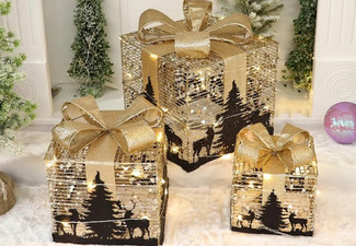 Three-Piece Christmas LED Light Gift Boxes Decorations - 11 Styles Available