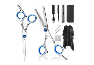 Hair Cutting Scissors & Thinning Scissors 9-Pcs Set with Cape Clips Comb