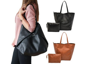 PU Leather Tote Handbag with Cosmetic Bag - Two Colours Available