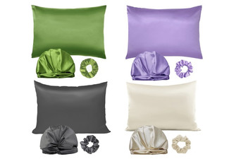 Three-Piece Sleeping Bonnet Hair Scrunchy Satin Set Incl. Pillowcase - Four Colours Available