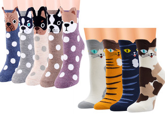 Cute Animal Printed Socks - Available in Two Styles & Option for Four, Five, Eight & 10-Pairs