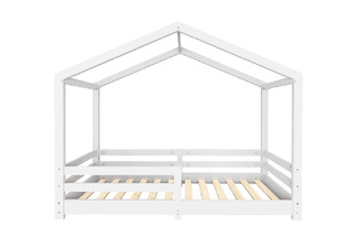 Kids House-Shaped Single Bed Frame with Guard Rail