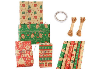 Six-Piece Christmas Wrapping Paper Rolls with Tags & Jute String - Option for Two-Set