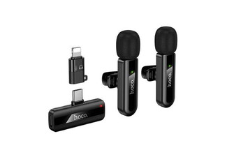 Hoco Dual Wireless Lapel Mic with USB-C Connector, Lightning Adaptor, & DSP Noise Cancellation