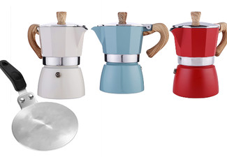 Stovetop 150ml Coffee Moka Pot with 13cm Induction Adapter Plate - Available in Three Colours