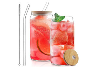 Two-Pack Drinking Glass Cup with Bamboo Lid & Straw Set