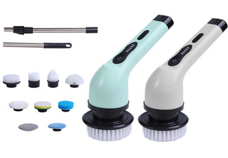 Electric Cleaning Brush with Nine Replaceable Brush Heads & Extension Handle - Two Colours Available