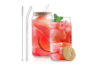 Two-Pack Drinking Glass with Bamboo Lid & Straw Set - Option for Six-Pack