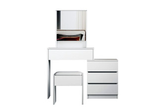 White Makeup Mirror Dressing Table Stool Set with Four Storage Drawers & Shelves