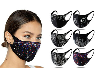 Bling Rhinestone Facemask Range- Ten Styles Available - Options for Two, Four, Six or Twelve-Pack