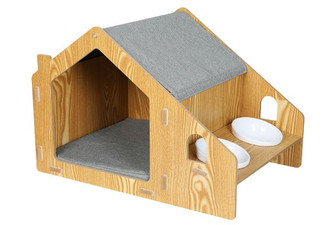 PaWz Wooden Pet House with Elevated Double Feeder Bowls