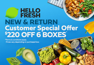 HelloFresh NEW & RETURN Customer Special Offer - At Least $50 Off for the First Box & Up to $220 OFF Six Boxes - Classic, Veggie, Family-Friendly, Calorie Smart, Carb Smart, Protein Rich or Flexitarian Recipes