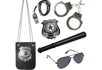 Five-Piece Kids Police Play Toy Set incl. Metal Handcuffs, Police Badge, Baton, Sunglasses & Whistle