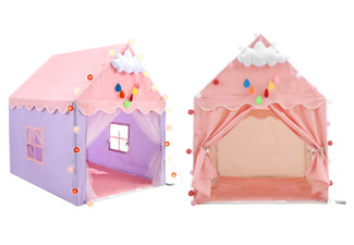 Kid's Castle Play Tent with Mat String Lights - Two Colours Available