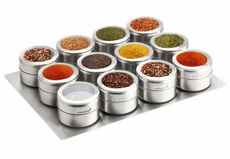 12 Magnetic Stainless Steel Spice Tins Incl. Labelling Stickers