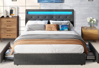 Wooden Bed Frame Base with LED & Drawers - Two Sizes Available