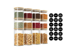 12-Piece Square Glass Storage Jar Incl. 144-Piece Label Set