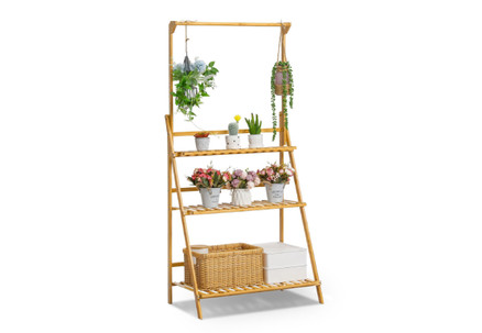 Three-Tier Wooden Plant Shelves with Hanging Rod