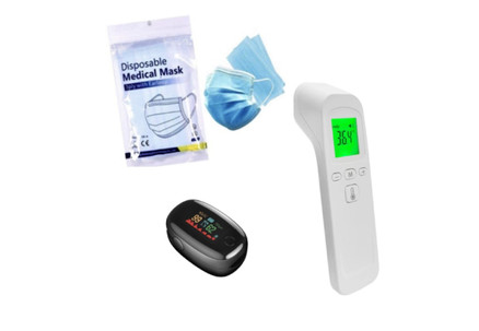 Wellness Care Kit incl. Infrared Thermometer,  Oximeter, 20 Disposable Face Masks & RATs Test - Option for Five-Pack or 20-Pack RATs Test
