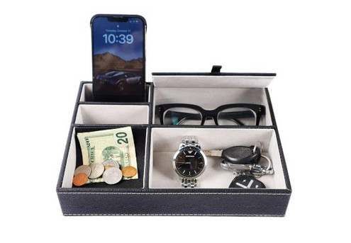 Five-Compartment Leather Valet Storage Box - Option for Two-Pack