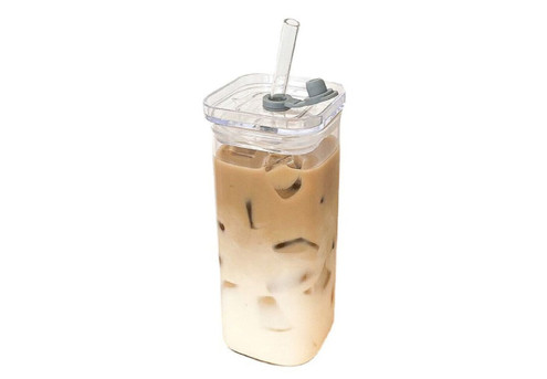 400ML Square Glass Cup with Lid & Glass Straw - Option for Two-Pack