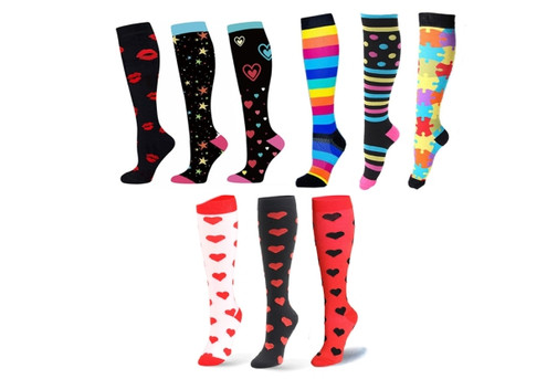 Three-Pairs of  Womens Knee Length Compression Socks - Three Styles & Two Sizes Available - Option for Six-Pairs