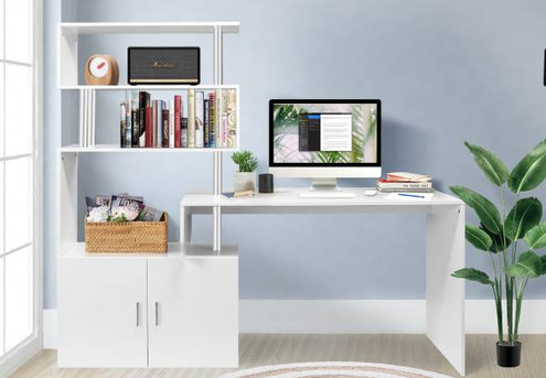 Rotatable L-Shaped Desk with Bookshelf & Two Cabinets